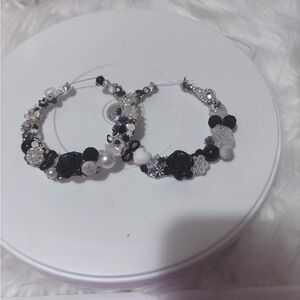 Chic Black and Silver Floral Hoop Earrings